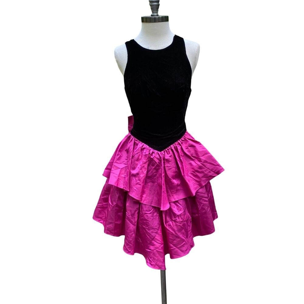 Gunne Sax McClintock 80s puff sleeve dress velvet & taffeta pink & black size 5